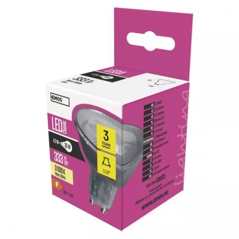 LED żarówka EMOS Lighting GU10, 220-240V, 4.2W, 333lm, 3000k, ciepła biel, 30000h, Classic MR16 52x50x50mm
