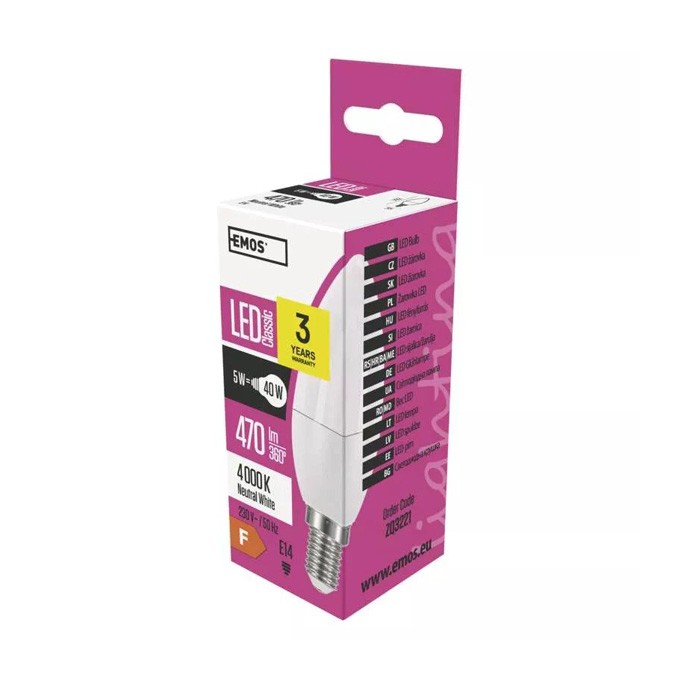 LED żarówka EMOS Lighting E14, 220-240V, 5W, 470lm, 4000k, neutralna biel, 30000h, Classic Candle 35x102mm