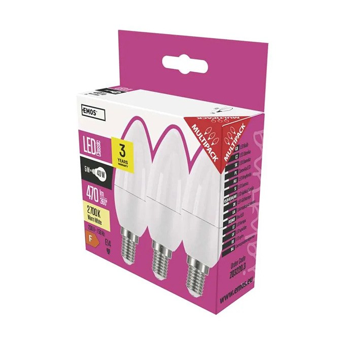 LED żarówka EMOS Lighting E14, 220-240V, 5W, 470lm, 2700k, ciepła biel, 30000h, Classic Candle 102x35x35mm-3pack
