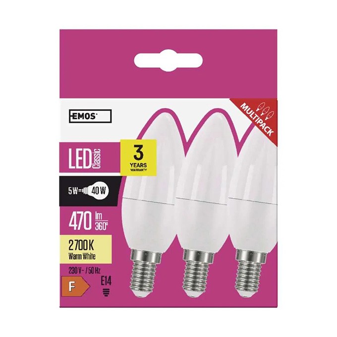 LED żarówka EMOS Lighting E14, 220-240V, 5W, 470lm, 2700k, ciepła biel, 30000h, Classic Candle 102x35x35mm-3pack