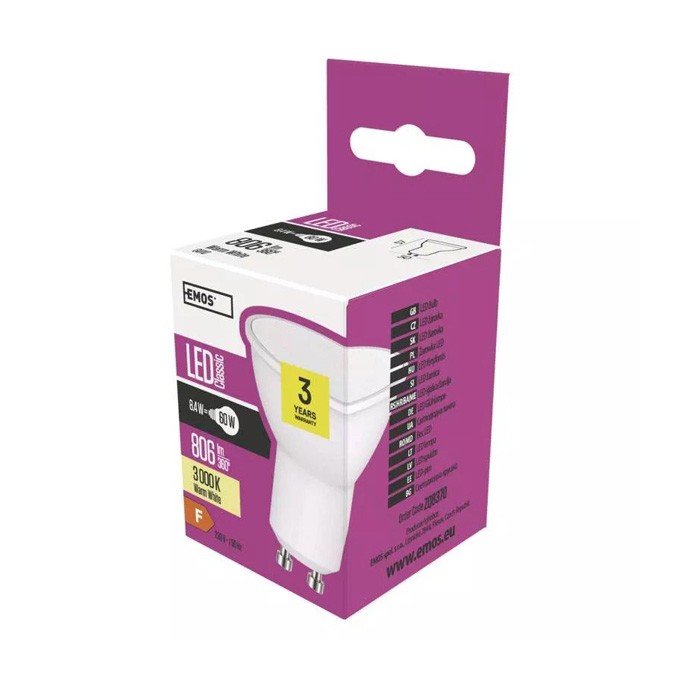 LED żarówka EMOS Lighting GU10, 220-240V, 8.4W, 806lm, 3000k, ciepła biel, 30000h, Classic MR16 50x57mm