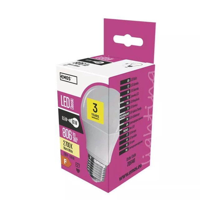 LED żarówka EMOS Lighting E27, 220-240V, 8.5W, 806lm, 2700k, ciepła biel, 30000h, Classic A60 102X60X60mm