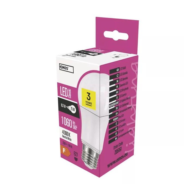 LED żarówka EMOS Lighting E27, 220-240V, 10.7W, 1060lm, 4000k, neutralna biel, 30000h, Classic A60 120x60x60mm