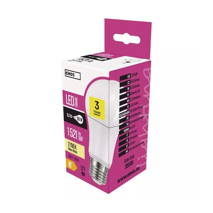 LED żarówka EMOS Lighting E27, 220-240V, 13.2W, 1521lm, 2700k, ciepła biel, 30000h, Classic A60 120x60x60mm