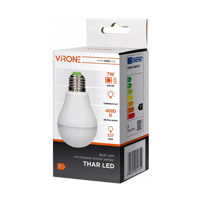 LED żarówka Virone E27, 220-240V, 7W, 825lm, 4000k, neutralna biel, 25000h, se senzorem pohybu