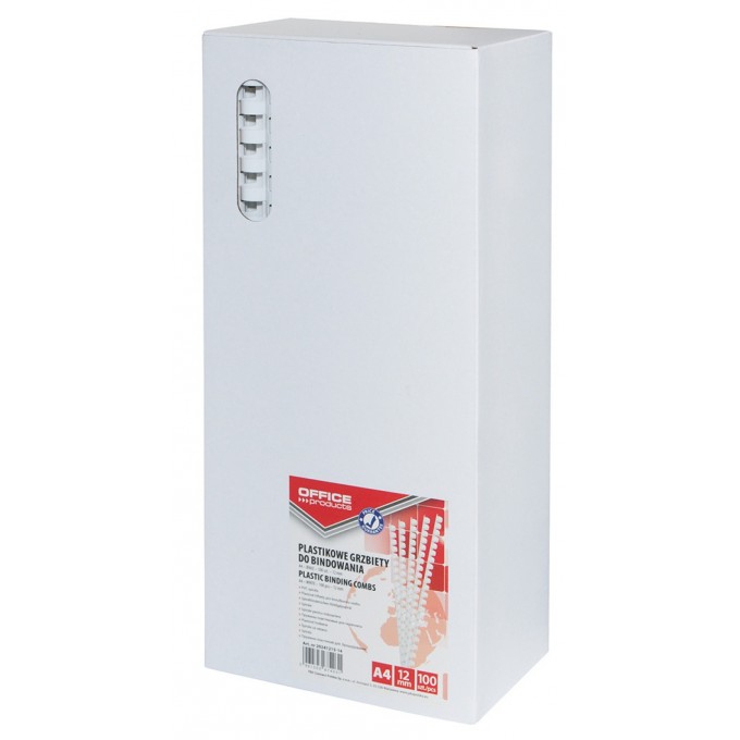 Grzbiety do bindowania OFFICE PRODUCTS, A4, 12mm (95 kartek), 100 szt., białe