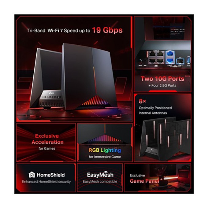 TP-LINK gamingowy router Wifi Archer GE800 2.4GHz i 5GHz, access point, IPv6, 11520Mbps, zewnętrzna anténa, 802.11be, 