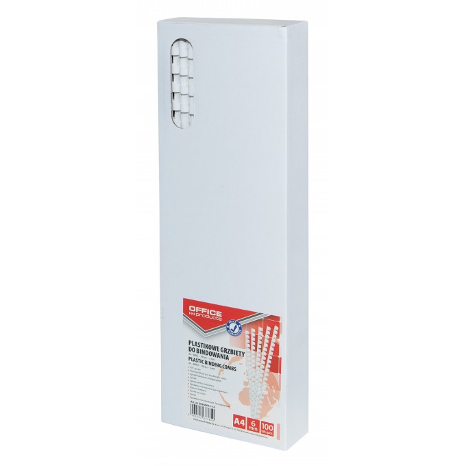 Grzbiety do bindowania OFFICE PRODUCTS, A4, 6mm (25 kartek), 100 szt., białe