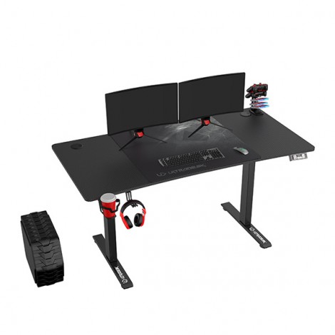 ULTRADESK Biurko dla gracza LEVEL V2, 140x68cm, 72-117cm, elektycznie regulowany, z podkładką pod mysz XXL, uchwyt na 