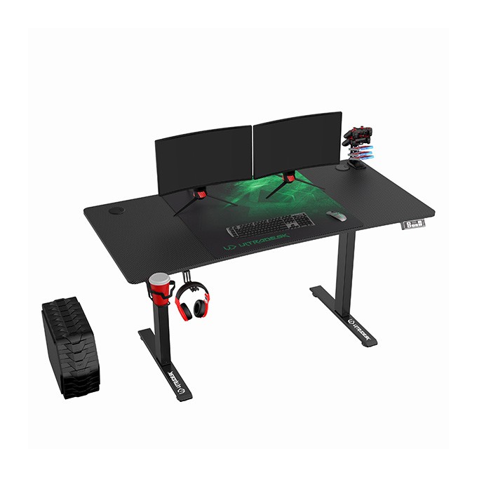 ULTRADESK Biurko dla gracza LEVEL V2 GREEN, 140x68cm, 72-117cm, elektycznie regulowany, z podkładką pod mysz XXL, 