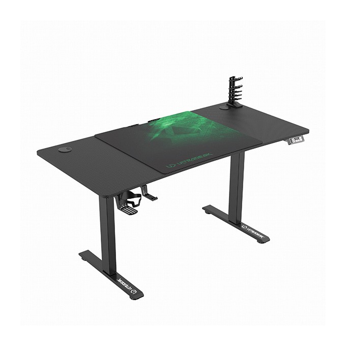 ULTRADESK Biurko dla gracza LEVEL V2 GREEN, 140x68cm, 72-117cm, elektycznie regulowany, z podkładką pod mysz XXL, 