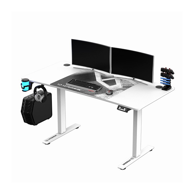 ULTRADESK Biurko dla gracza LEVEL V2 WHITE, 140x68cm, 72-117cm, elektycznie regulowany, z podkładką pod mysz XXL, 