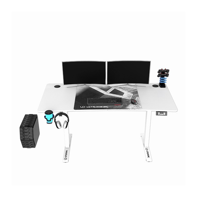 ULTRADESK Biurko dla gracza LEVEL V2 WHITE, 140x68cm, 72-117cm, elektycznie regulowany, z podkładką pod mysz XXL, 