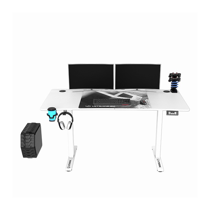 ULTRADESK Biurko dla gracza LEVEL V2 WHITE, 140x68cm, 72-117cm, elektycznie regulowany, z podkładką pod mysz XXL, 