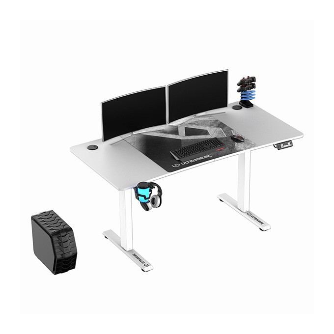 ULTRADESK Biurko dla gracza LEVEL V2 WHITE, 140x68cm, 72-117cm, elektycznie regulowany, z podkładką pod mysz XXL, 