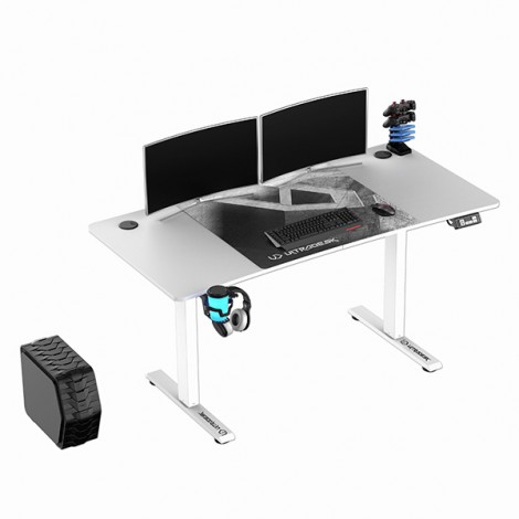 ULTRADESK Biurko dla gracza LEVEL V2 WHITE, 140x68cm, 72-117cm, elektycznie regulowany, z podkładką pod mysz XXL, 