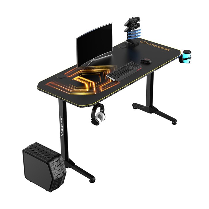ULTRADESK Biurko dla gracza FRAG - GOLD V3, 140x60 cm, 76 cm, z podkładką pod mysz, uchwyt na słuchawki i napój