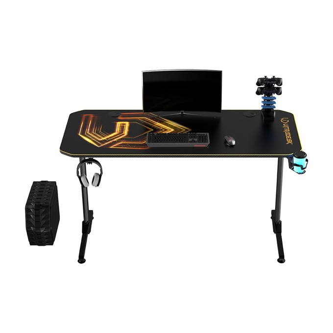 ULTRADESK Biurko dla gracza FRAG - GOLD V3, 140x60 cm, 76 cm, z podkładką pod mysz, uchwyt na słuchawki i napój