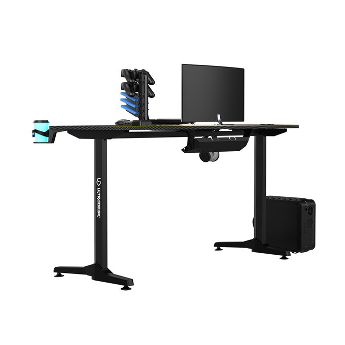 ULTRADESK Biurko dla gracza FRAG - GOLD V3, 140x60 cm, 76 cm, z podkładką pod mysz, uchwyt na słuchawki i napój