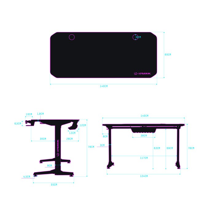 ULTRADESK Biurko dla gracza FRAG - GOLD V3, 140x60 cm, 76 cm, z podkładką pod mysz, uchwyt na słuchawki i napój