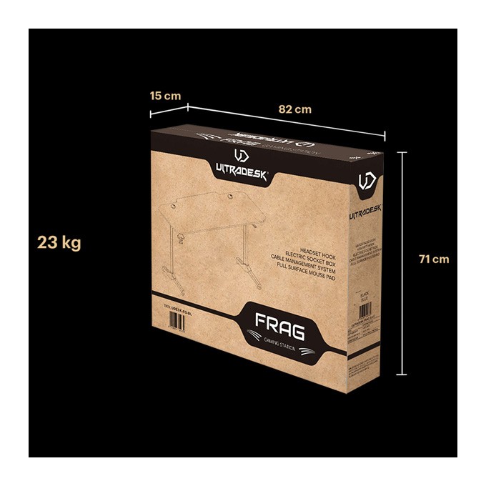 ULTRADESK Biurko dla gracza FRAG - GOLD V3, 140x60 cm, 76 cm, z podkładką pod mysz, uchwyt na słuchawki i napój