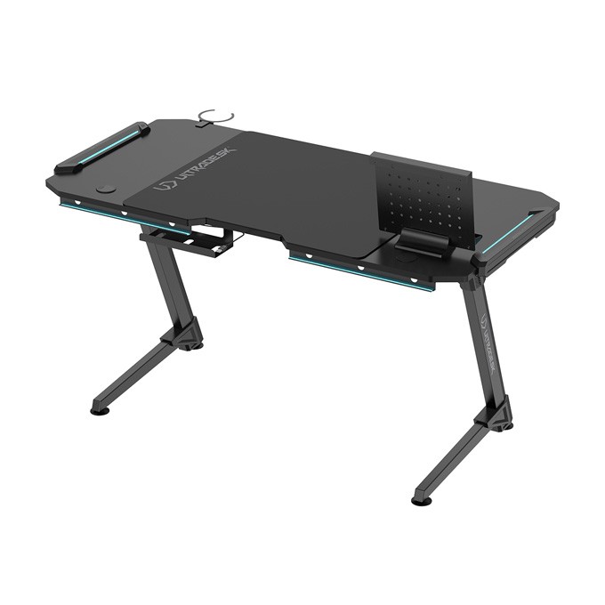 ULTRADESK Biurko dla gracza SPACE XXL V2 BLACK, 144x70 cm, 75 cm, Podświetlenie LED RGB z panelem dotykowym, z 