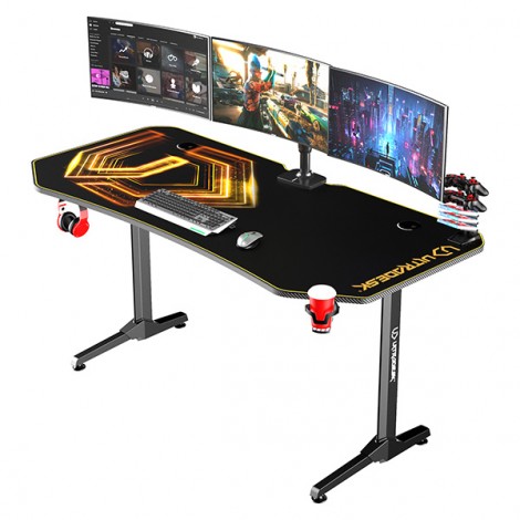 ULTRADESK Biurko dla gracza FRAG XXL GOLD, 160 x 75 cm, 75 cm, uchwyty na słuchawki i napoje, z podkładką XXL na 