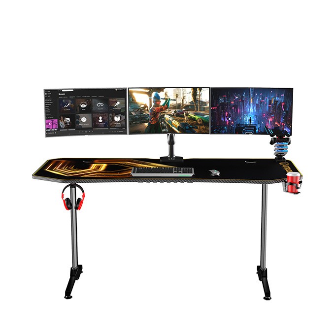 ULTRADESK Biurko dla gracza FRAG XXL GOLD, 160 x 75 cm, 75 cm, uchwyty na słuchawki i napoje, z podkładką XXL na 