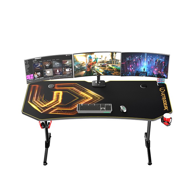 ULTRADESK Biurko dla gracza FRAG XXL GOLD, 160 x 75 cm, 75 cm, uchwyty na słuchawki i napoje, z podkładką XXL na 