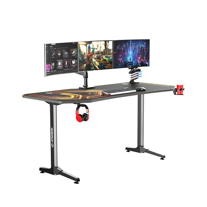 ULTRADESK Biurko dla gracza FRAG XXL GOLD, 160 x 75 cm, 75 cm, uchwyty na słuchawki i napoje, z podkładką XXL na 