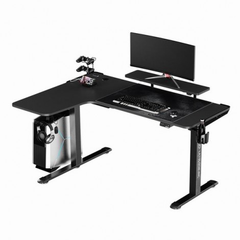 ULTRADESK Biurko dla gracza WINGER - czarny, 111x155x60 cm, 75-122 cm, elektycznie regulowany, podświetlenie RGB, 