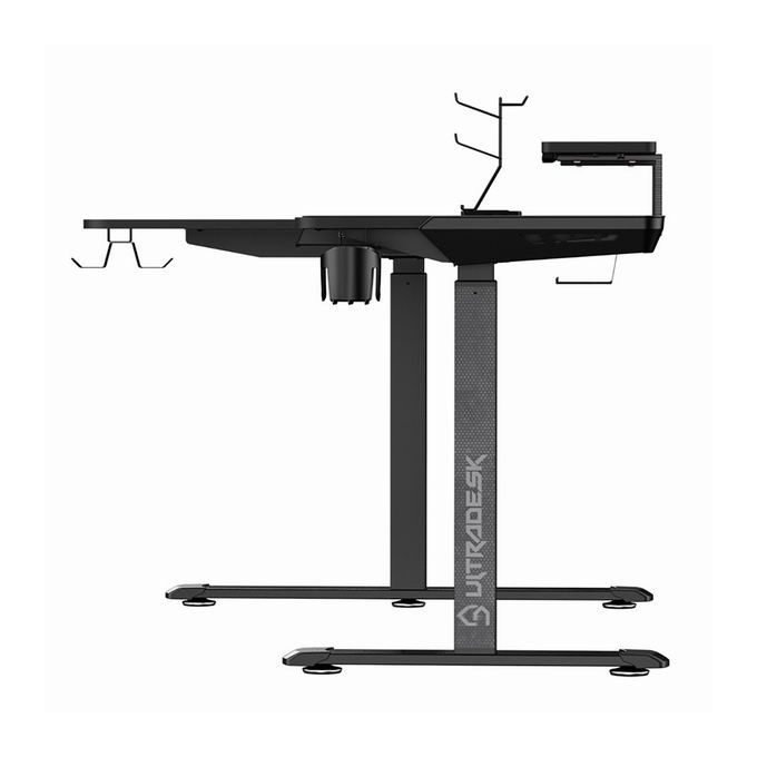 ULTRADESK Biurko dla gracza WINGER - czarny, 111x155x60 cm, 75-122 cm, elektycznie regulowany, podświetlenie RGB, 
