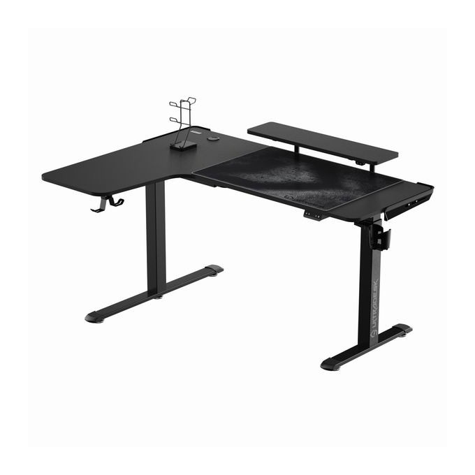 ULTRADESK Biurko dla gracza WINGER - czarny, 111x155x60 cm, 75-122 cm, elektycznie regulowany, podświetlenie RGB, 