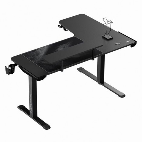 ULTRADESK Biurko dla gracza WINGER - czarny, 111x155x60 cm, 75-122 cm, elektycznie regulowany, podświetlenie RGB, 