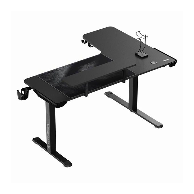 ULTRADESK Biurko dla gracza WINGER - czarny, 111x155x60 cm, 75-122 cm, elektycznie regulowany, podświetlenie RGB, 
