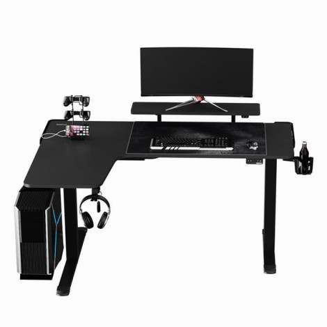 ULTRADESK Biurko dla gracza WINGER - czarny, 111x155x60 cm, 75-122 cm, elektycznie regulowany, podświetlenie RGB, 
