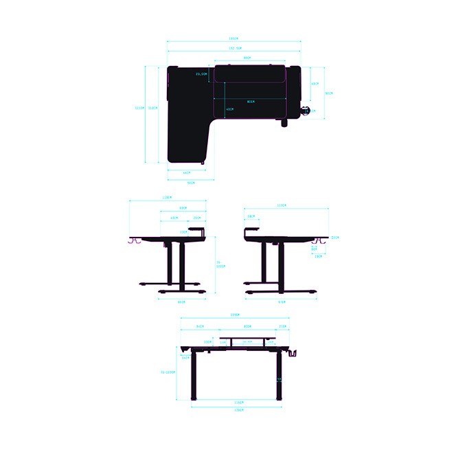 ULTRADESK Biurko dla gracza WINGER - czarny, 111x155x60 cm, 75-122 cm, elektycznie regulowany, podświetlenie RGB, 