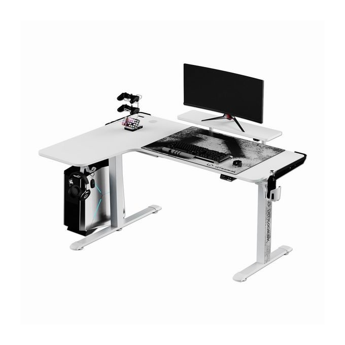 ULTRADESK Biurko dla gracza WINGER - biały, 111x155x60 cm, 75-122 cm, elektycznie regulowany, podświetlenie RGB, 