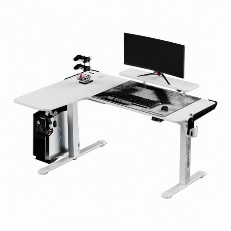 ULTRADESK Biurko dla gracza WINGER - biały, 111x155x60 cm, 75-122 cm, elektycznie regulowany, podświetlenie RGB, 