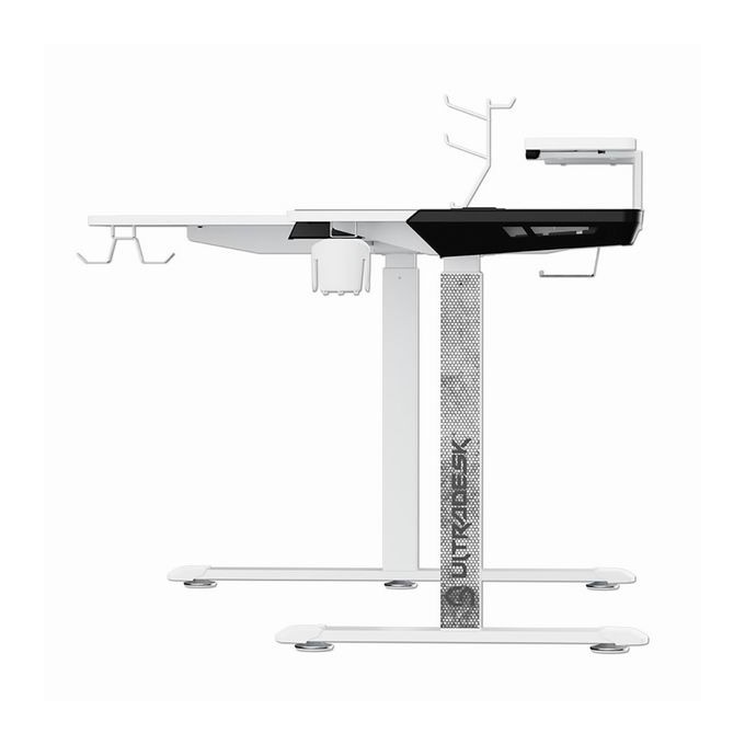 ULTRADESK Biurko dla gracza WINGER - biały, 111x155x60 cm, 75-122 cm, elektycznie regulowany, podświetlenie RGB, 