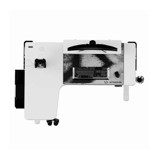 ULTRADESK Biurko dla gracza WINGER - biały, 111x155x60 cm, 75-122 cm, elektycznie regulowany, podświetlenie RGB, 