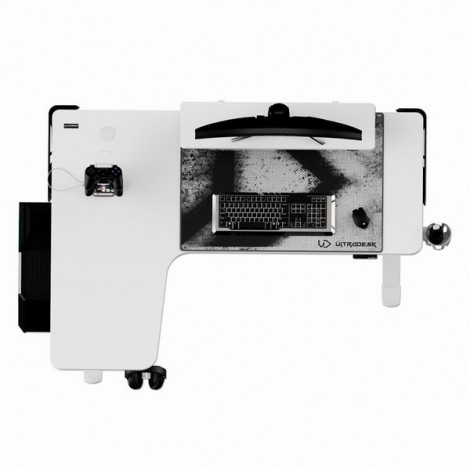 ULTRADESK Biurko dla gracza WINGER - biały, 111x155x60 cm, 75-122 cm, elektycznie regulowany, podświetlenie RGB, 
