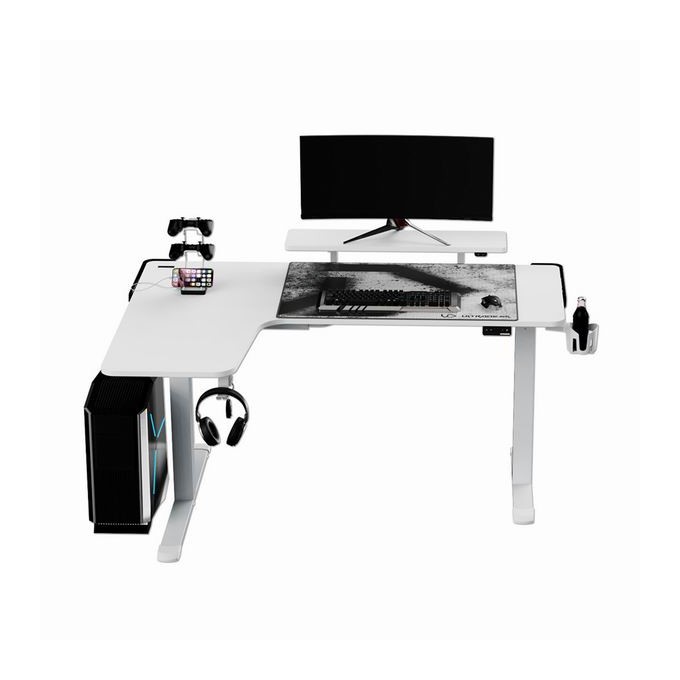 ULTRADESK Biurko dla gracza WINGER - biały, 111x155x60 cm, 75-122 cm, elektycznie regulowany, podświetlenie RGB, 