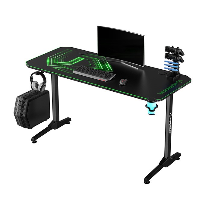 ULTRADESK Biurko dla gracza FRAG - GREEN V3, 140x60 cm, 76 cm, z podkładką pod mysz, uchwyt na słuchawki i napój