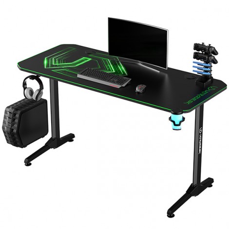 ULTRADESK Biurko dla gracza FRAG - GREEN V3, 140x60 cm, 76 cm, z podkładką pod mysz, uchwyt na słuchawki i napój