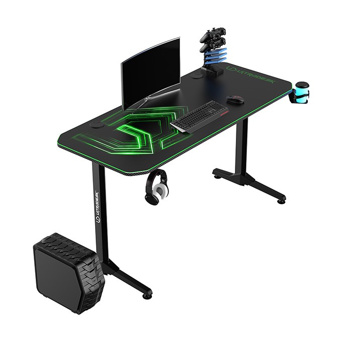ULTRADESK Biurko dla gracza FRAG - GREEN V3, 140x60 cm, 76 cm, z podkładką pod mysz, uchwyt na słuchawki i napój