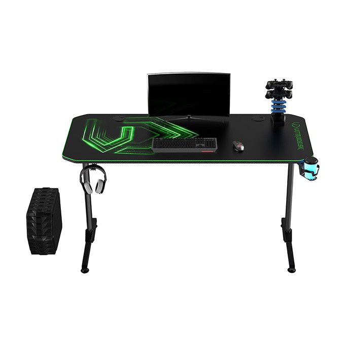 ULTRADESK Biurko dla gracza FRAG - GREEN V3, 140x60 cm, 76 cm, z podkładką pod mysz, uchwyt na słuchawki i napój