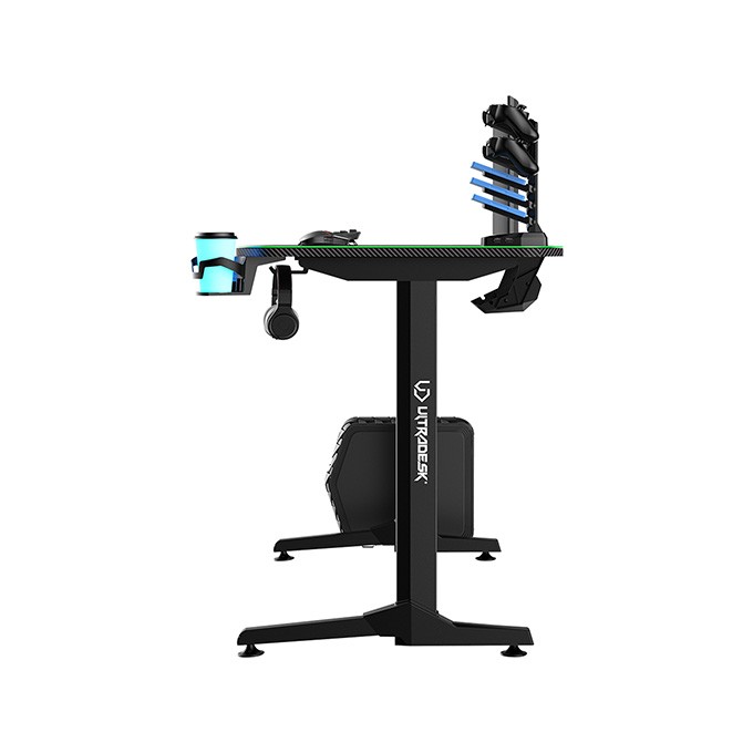 ULTRADESK Biurko dla gracza FRAG - GREEN V3, 140x60 cm, 76 cm, z podkładką pod mysz, uchwyt na słuchawki i napój