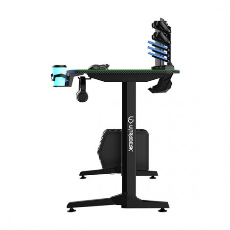ULTRADESK Biurko dla gracza FRAG - GREEN V3, 140x60 cm, 76 cm, z podkładką pod mysz, uchwyt na słuchawki i napój