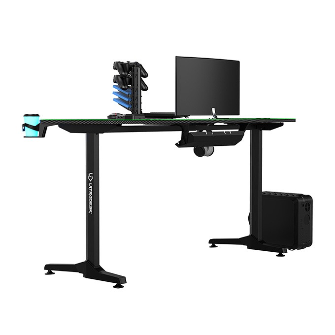ULTRADESK Biurko dla gracza FRAG - GREEN V3, 140x60 cm, 76 cm, z podkładką pod mysz, uchwyt na słuchawki i napój